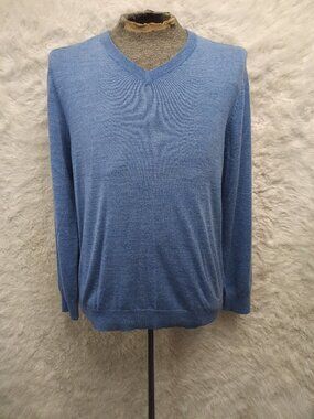 DKNY man's Blue Merino Wool Blend V-Neck Sweater Size L